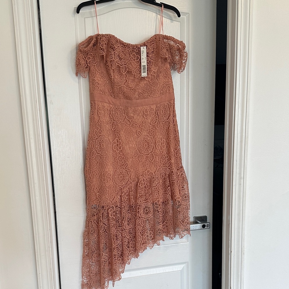 Gianni Bini Dusty Rose Lace Asymmetrical Off-Shoulder Dress